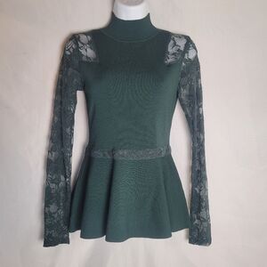 INC International Concepts Dark Green Forest Fairy Lace Sleeve Peplum Top XS